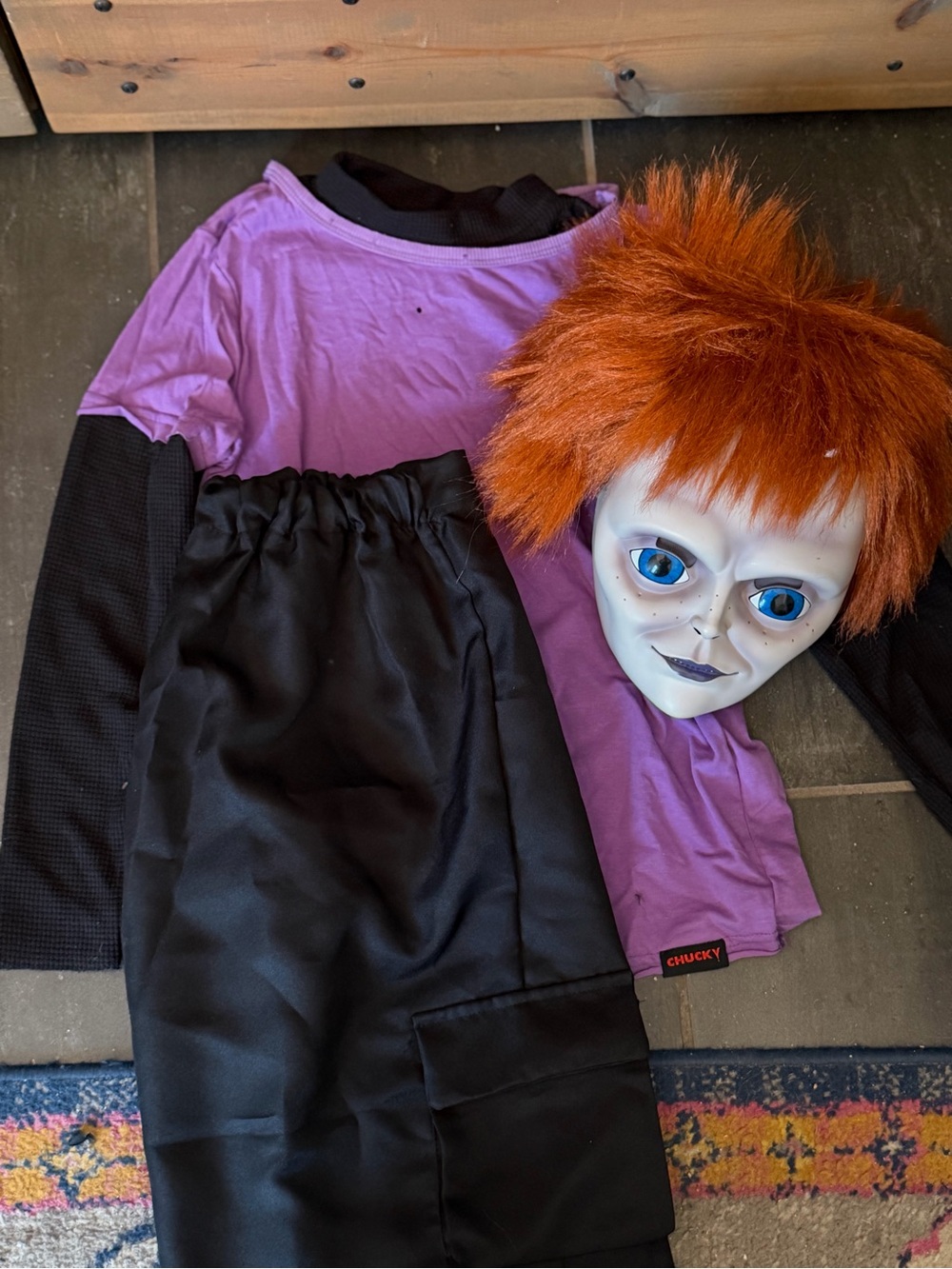 Spirit Chucky-Inspired Purple and Black Costume with Orange Wig Mask